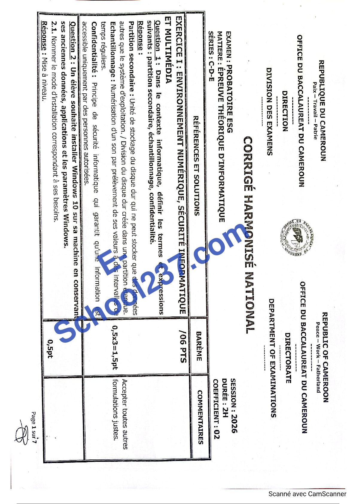 Corrigés harmonisé nationale l'épreuve d'info Probatoire C D 2026